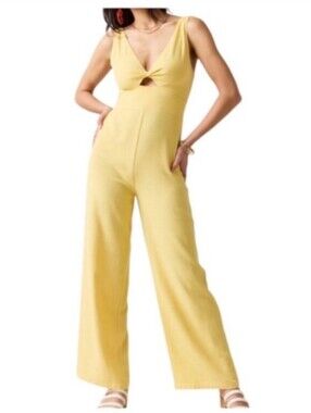 V-Neck Cutout Wide-Leg Jumpsuit in Yellow